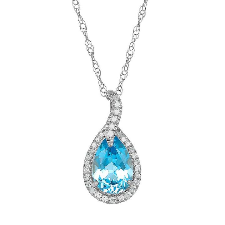 Blue Topaz & 1/10 Carat T.w. Diamond 10k White Gold Teardrop Halo Pendant Necklace, Women's