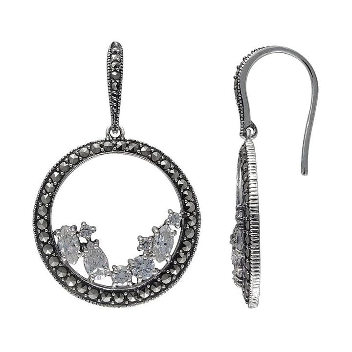 Lavish By Tjm Sterling Silver Cubic Zirconia Hoop Drop Earrings - Made With Swarovski Marcasite, Women's, White