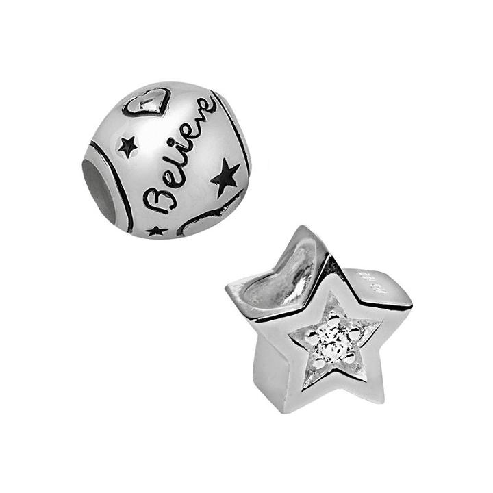 Individuality Beads Sterling Silver Cubic Zirconia Love, Believe And Star Bead Set, Women's, White