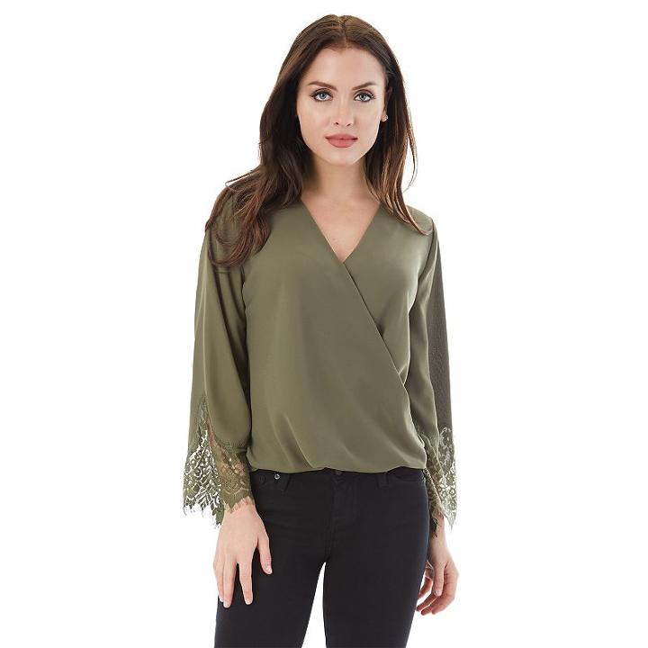 Juniors' Iz Byer California Lace Faux-wrap Top, Teens, Size: Medium, Dark Green