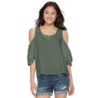 Juniors' So&reg; Crisscross Cold-shoulder Top, Girl's, Size: Large, Green Oth