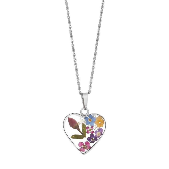 Sterling Silver Pressed Flower Heart Pendant Necklace, Women's, Size: 18, Multicolor