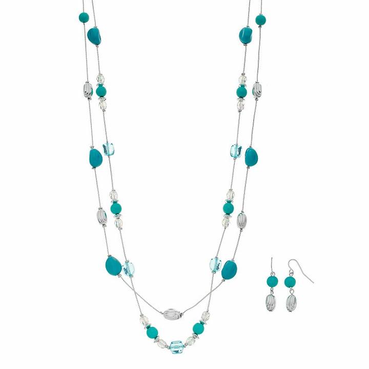 Long Aqua Beaded Double Strand Necklace & Drop Earring Set, Women's, Blue
