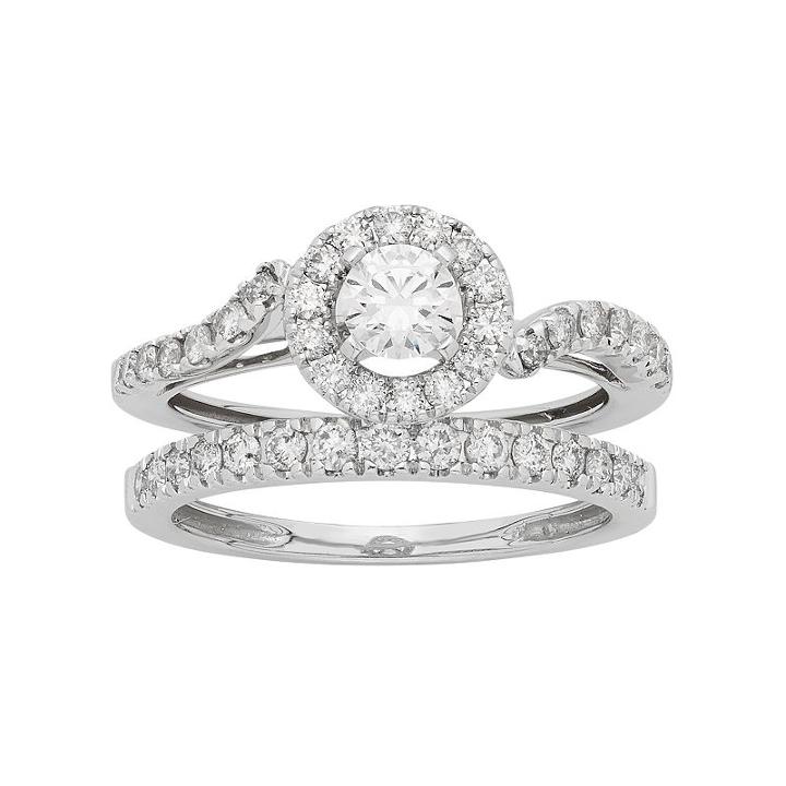14k White Gold 1 Carat T.w. Igl Certified Diamond Halo Engagement Ring Set, Women's, Size: 7