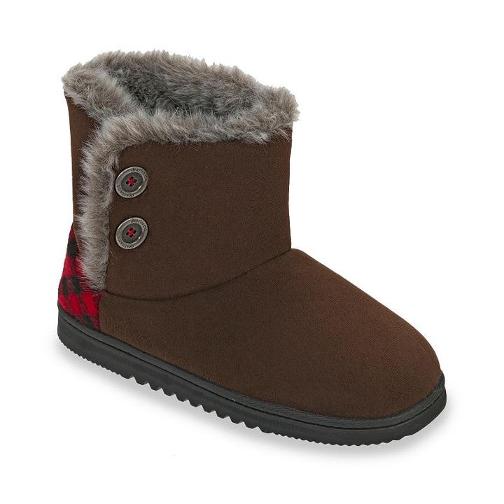 Dearfoams Women's Chalet Microsuede Memory Foam Bootie Slippers, Size: Medium, Dark Brown