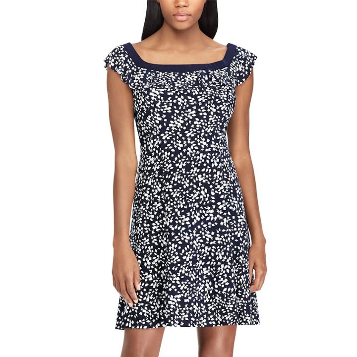 Women's Chaps Print Ruffle Fit & Flare Dress, Size: Small, Blue (navy)