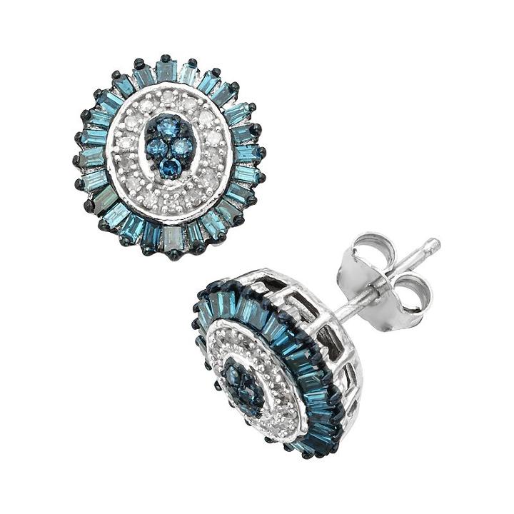 Sterling Silver 1/2-ct. T.w. Blue And White Diamond Halo Stud Earrings, Women's