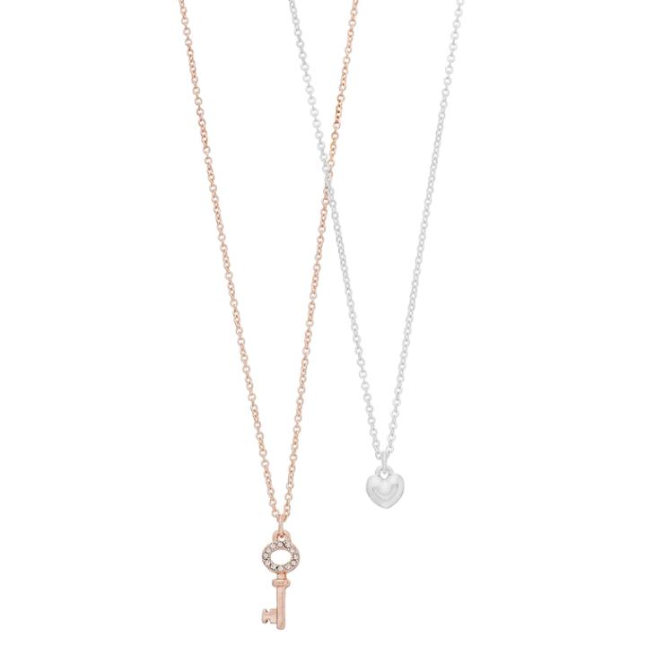 Lc Lauren Conrad Two Tone Heart & Key Pendant Necklace Set, Women's, Multicolor
