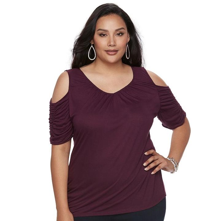 Plus Size Jennifer Lopez Ruched Cold-shoulder Tee, Women's, Size: 3xl, Drk Purple