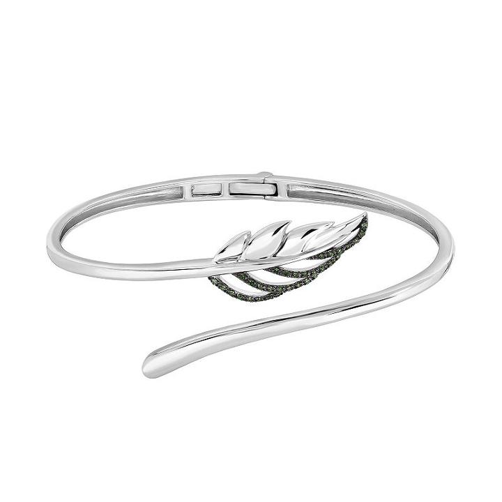 Sterling Silver 1/6 Carat T.w. Green Diamond Leaf Bangle Bracelet, Women's, Size: 7