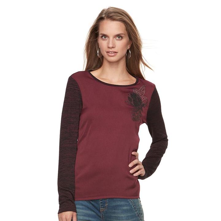 Petite Apt. 9&reg; Embroidered Mixed-media Top, Women's, Size: Xs Petite, Dark Red