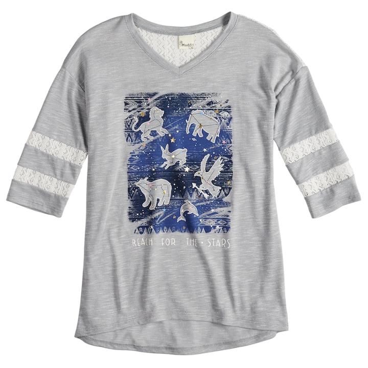 Girls 7-16 Mudd&reg; Crochet Striped Sleeve Varsity Tee, Size: 10, Grey