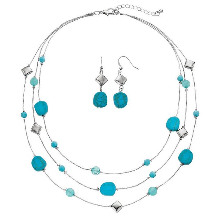 Simulated Turquoise Beaded Multi Strand Necklace & Drop Earring Set, Women's, Turq/aqua