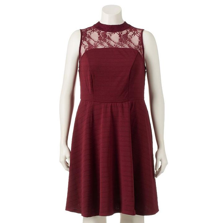 Juniors' Plus Size Wrapper Lace Illusion Skater Dress, Girl's, Size: 2xl, Med Red