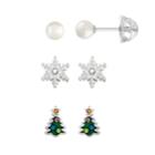 Lulabelle Kids' Cubic Zirconia Snowflake, Christmas Tree & Shell Pearl Stud Earring Set, Women's, Green