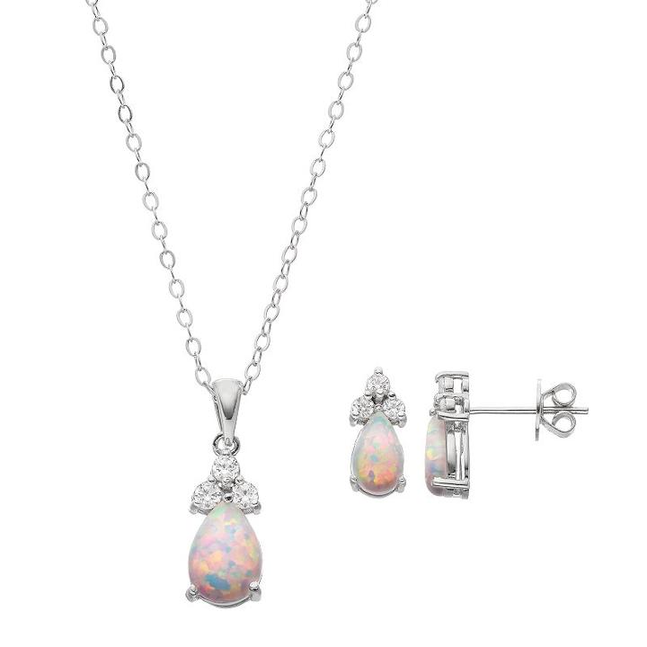 Sterling Silver Simulated Opal & Cubic Zirconia Teardrop Pendant & Earring Set, Women's, Size: 18, White