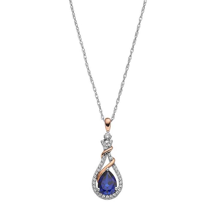 Sterling Silver Lab-created Blue & White Sapphire Teardrop Halo Pendant Necklace, Women's