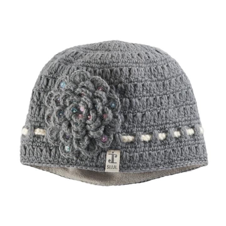 Women's Sijjl Wool Crochet Sequined Flower Beanie, Grey
