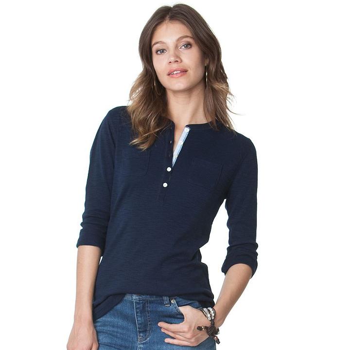 Women's Chaps Slubbed Henley, Size: Xl, Blue (navy)