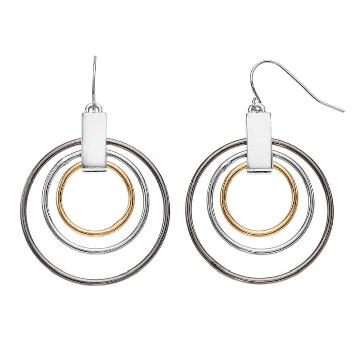 Tri Tone Concentric Hoop Drop Earrings, Women's, Multicolor