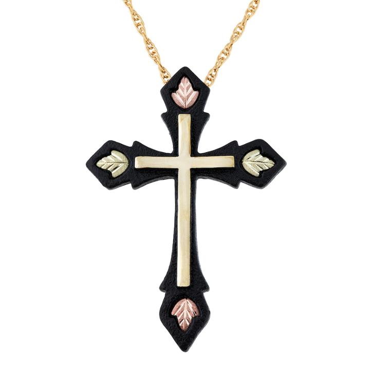 Black Hills Gold Tri-tone Black Powder Coat Cross Pendant Necklace, Women's, Size: 18, Yellow
