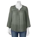 Juniors' Plus Size Mudd&reg; Button Front Crochet Peasant Top, Girl's, Size: 1xl, Green