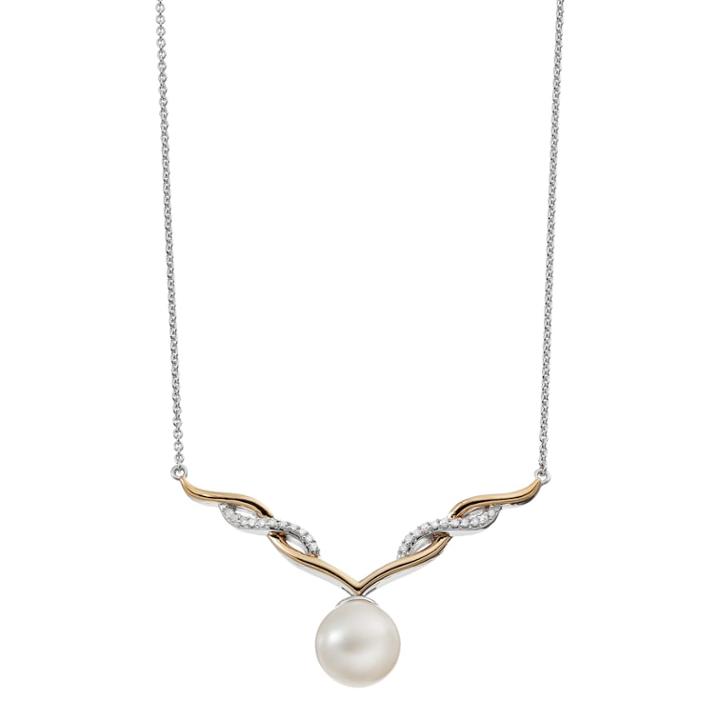 Two Tone Sterling Silver Freshwater Cultured Pearl & 1/10 Carat T.w. Diamond Twist Pendant, Women's, Size: 18, White