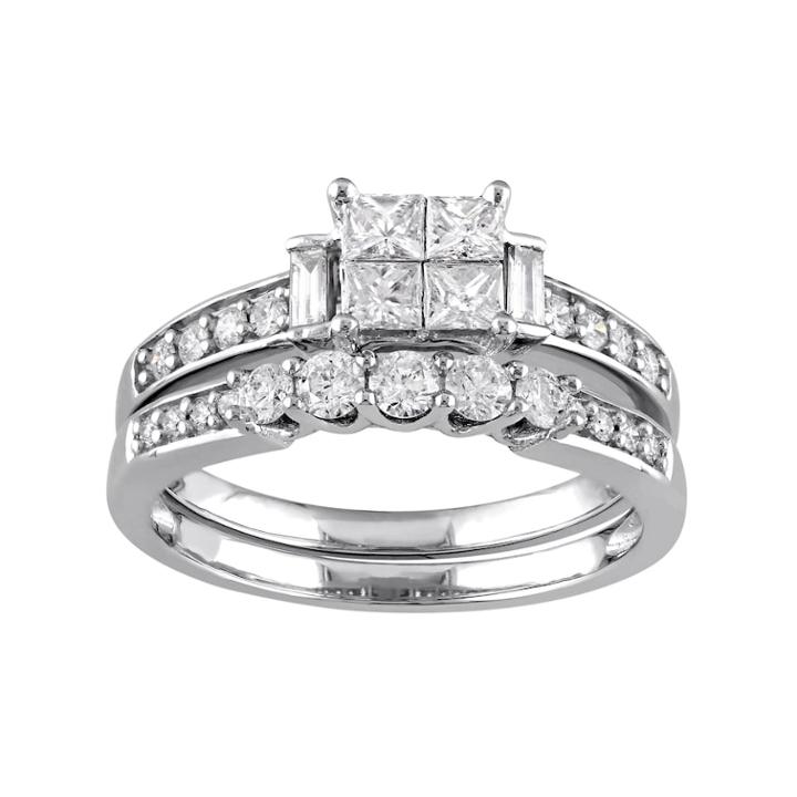 10k White Gold 1 Carat T.w. Diamond Engagement Ring Set, Women's, Size: 9