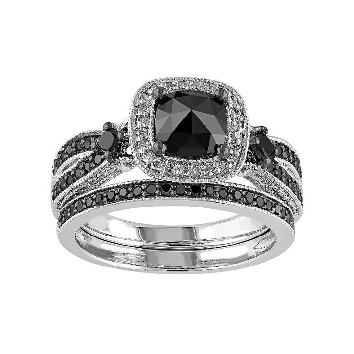 Black & White Diamond Halo Engagement Ring Set In Sterling Silver (1 1/2 Carat T.w.), Women's, Size: 7