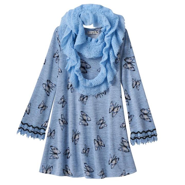 Girls 7-16 Knitworks Crochet Butterfly Dress & Knit Infinity Scarf Set, Girl's, Size: 12, Blue
