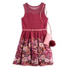 Girls 7-16 Knitworks Belted Floral Textured Skater Dress With Crossbody Purse, Size: 8, Dark Red