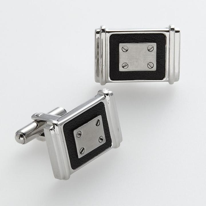 Axl By Triton Stainless Steel And Black Leather Cuff Links, Men's, Multicolor
