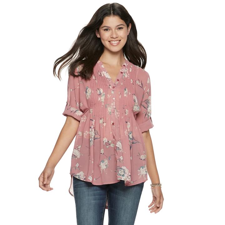 Juniors' American Rag Pintuck Floral Tunic, Teens, Size: Small, Grey