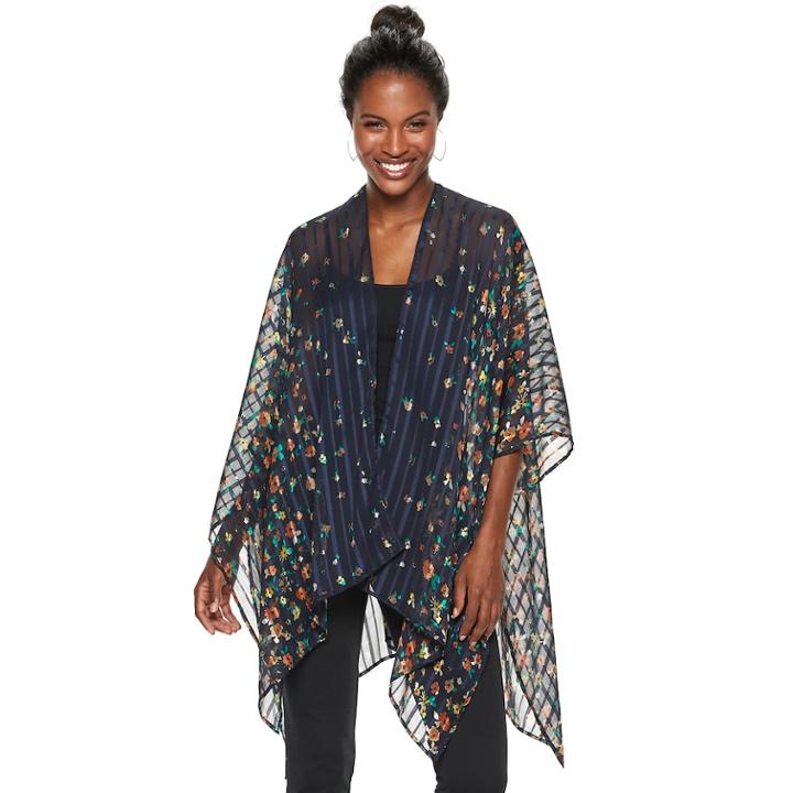 Women's Apt. 9® Satin Striped Floral Ruana, Blue (navy)