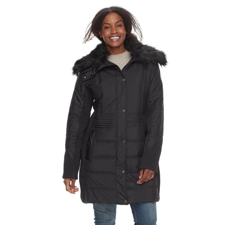 Plus Size Weathercast Faux-fur Trim Puffer Jacket, Women's, Size: 3xl, Black