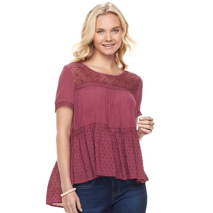 Juniors' Mason & Belle Tiered High-low Lace Tee, Teens, Size: Small, Purple Oth