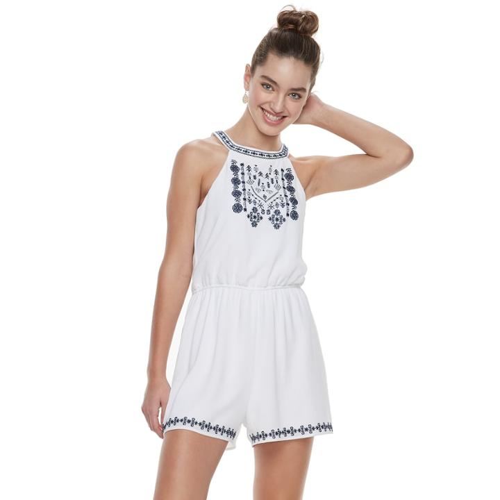 Juniors' Three Pink Hearts Embroidered High Neck Romper, Teens, Size: Xl, White