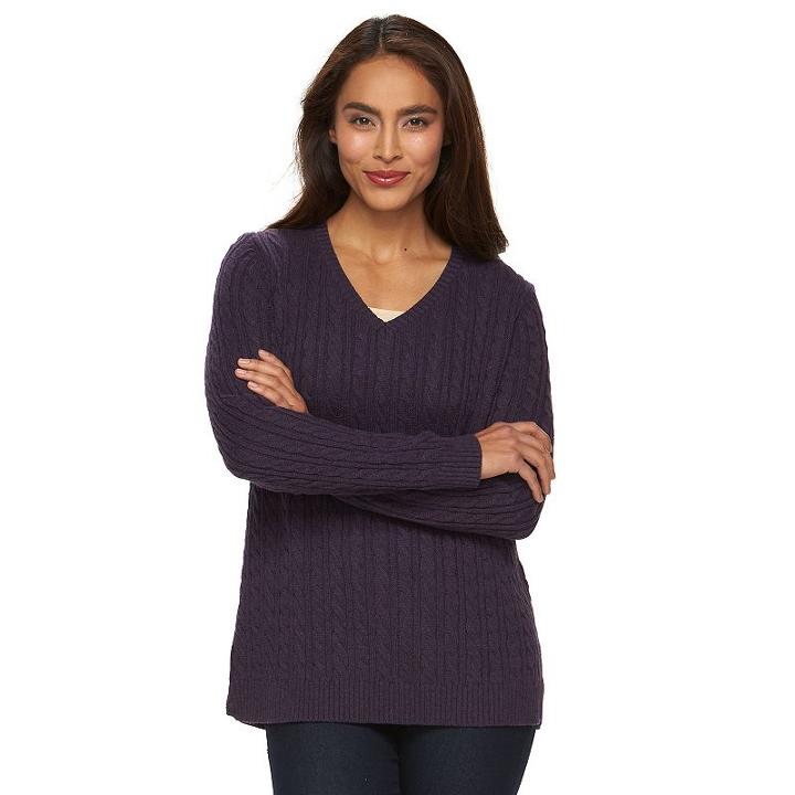 Women's Croft & Barrow&reg; V-neck Cable Knit Sweater, Size: Xl, Drk Purple