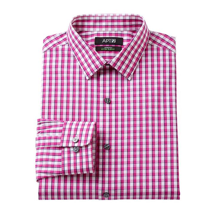Men's Apt. 9&reg; Extra-slim Fit Gingham-checked Stretch Dress Shirt, Size: 17 36/37, Pink