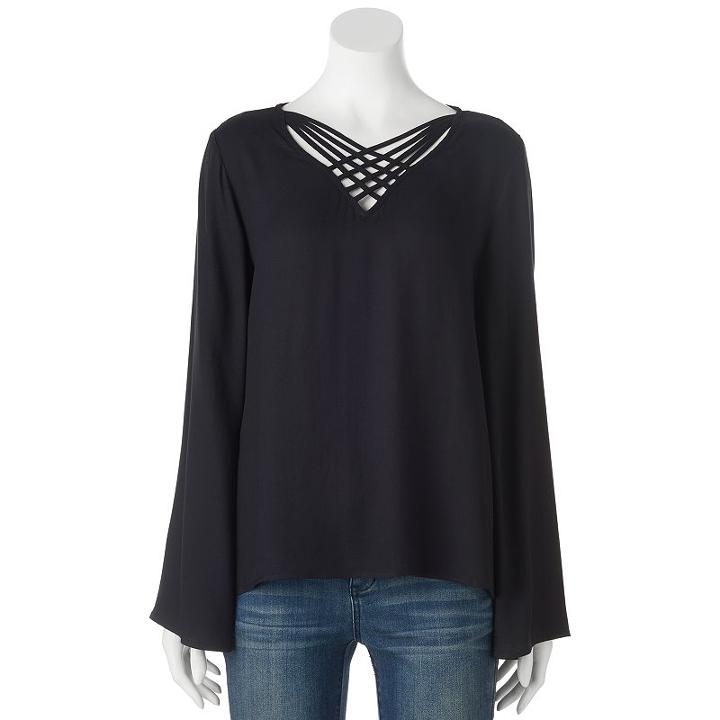 Juniors' Pink Republic Strappy Bell Sleeve Top, Teens, Size: Large, Black