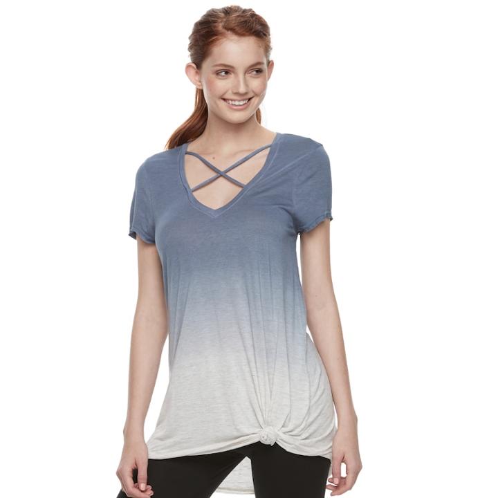 Juniors' Miss Chievous Cross Front Dip Dye Tee, Teens, Size: Xl, Turquoise/blue (turq/aqua)