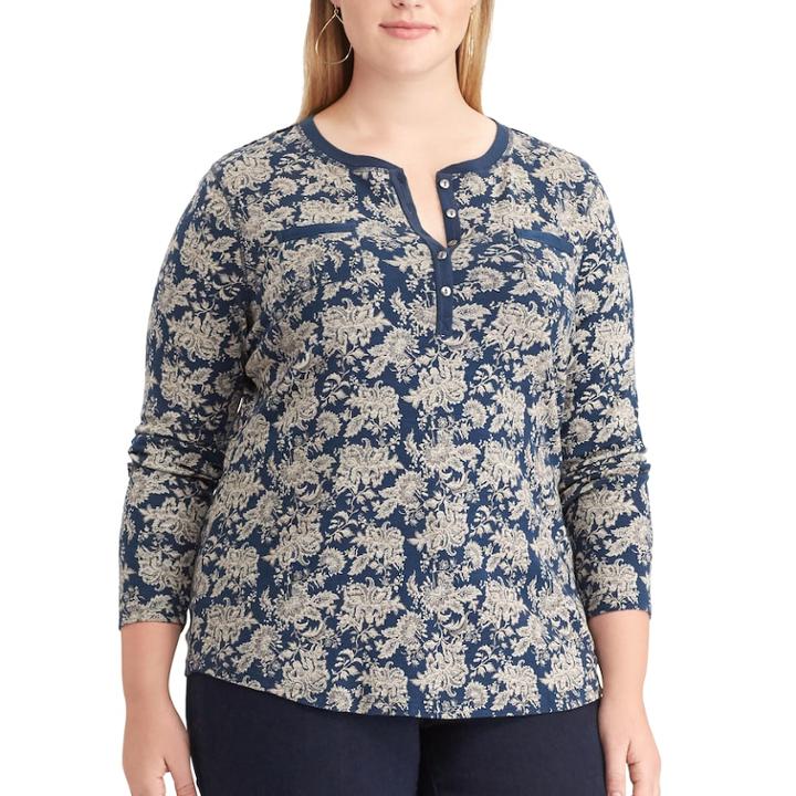 Plus Size Chaps Floral Henley, Women's, Size: 3xl, Blue