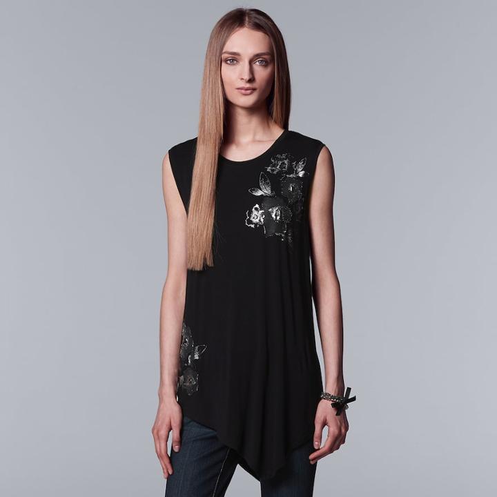Women's Simply Vera Vera Wang Asymmetrical Floral Foil Tank, Size: Xl, Black