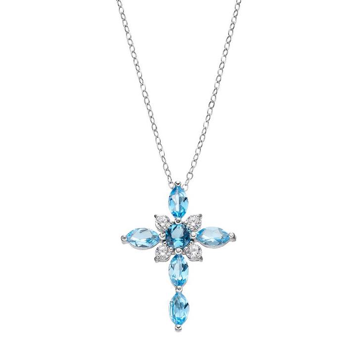 Sterling Silver Blue Topaz & Cubic Zirconia Cross Pendant Necklace, Women's, Size: 18