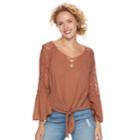 Juniors' Mudd&reg; Lace Shoulder Bell Sleeve Top, Teens, Size: Medium, Brown