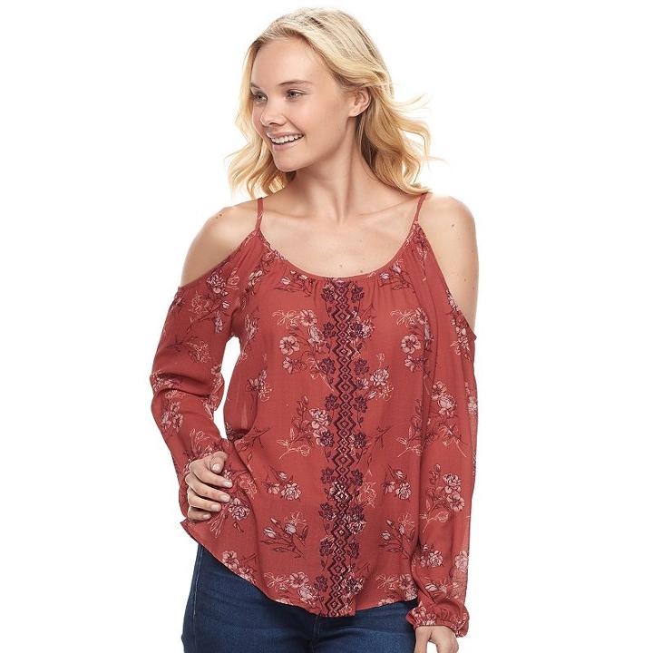 Juniors' Rewind Embroidered Cold Shoulder Top, Teens, Size: Xs, Orange Oth
