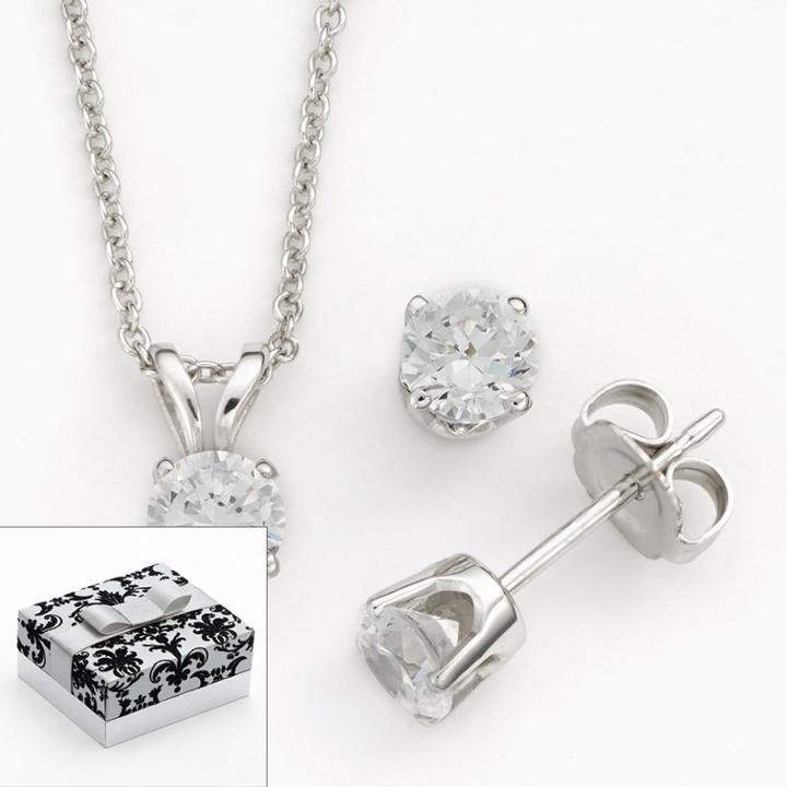 Diamonluxe Sterling Silver Simulated Diamond Solitaire Pendant And Stud Earring Set, Women's, White