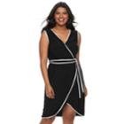 Juniors' Plus Size Wrapper Contrast Trim Wrap Dress, Teens, Size: 1xl, Black White