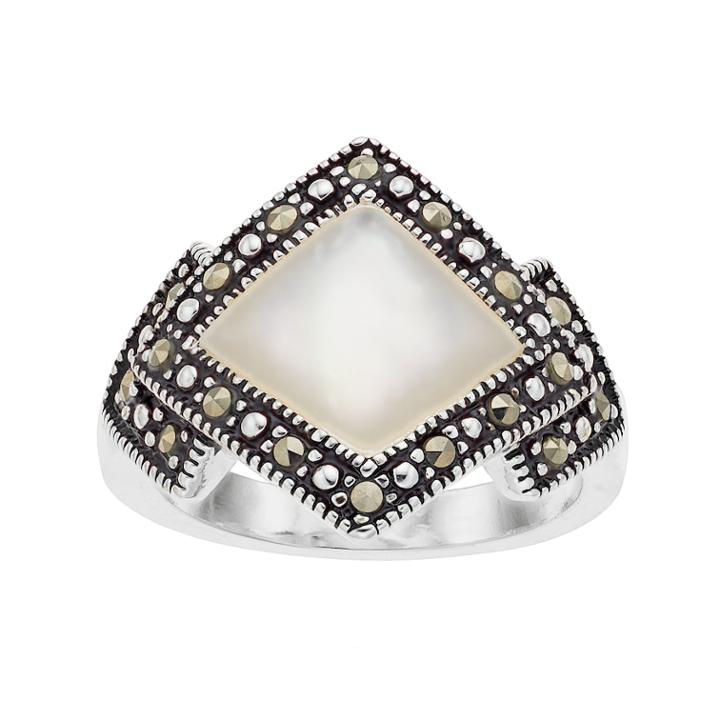 Silver Plated Mother-of-pearl & Marcasite Ring, Women's, Size: 8, White