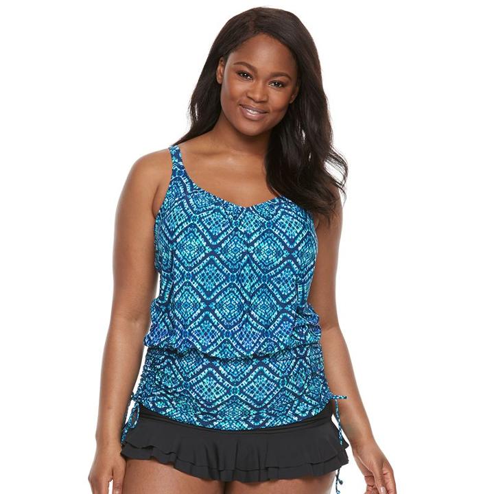 Plus Size Beach Scene Geometric Blouson Tankini Top, Women's, Size: 16 W, Blue